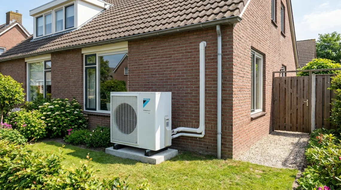 Warmtepomp Dronten (Flevoland) - Lucht-water warmtepomp buitenunit naast woning