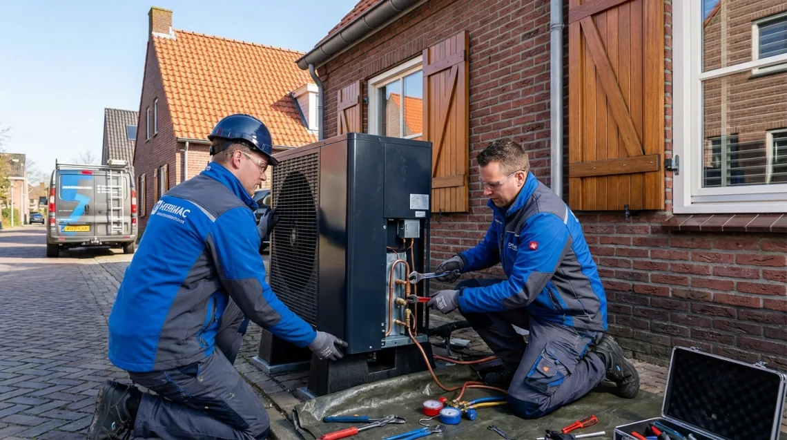 Realisatie warmtepomp Marknesse - Monteur installeert warmtepomp buitenunit